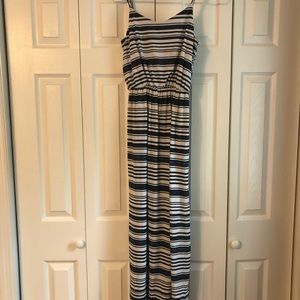 Blue and white striped maxi dress